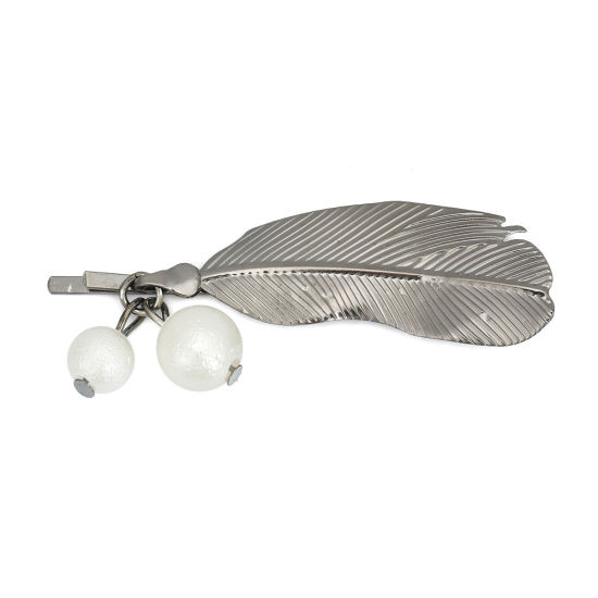 Picture of Zinc Based Alloy & Acrylic Hair Clips Findings Gunmetal White Feather 58mm x 17mm, 2 PCs