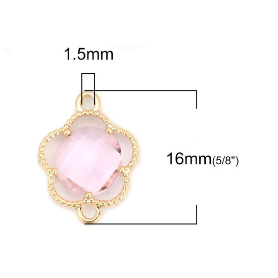 Picture of Copper & Glass Connectors Plum Blossom Gold Plated Light Pink Round 16mm x 12mm, 5 PCs