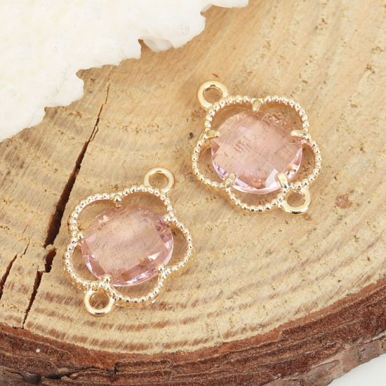 Picture of Copper & Glass Connectors Plum Blossom Gold Plated Light Pink Round 16mm x 12mm, 5 PCs
