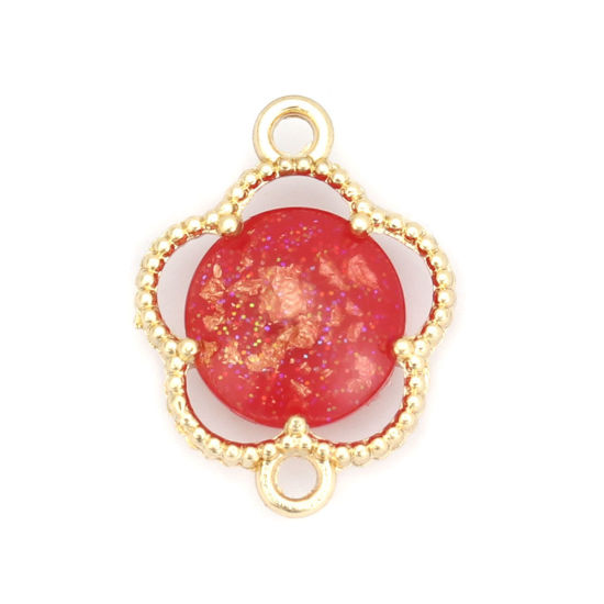 Picture of Copper & Glass Connectors Plum Blossom Gold Plated Red Round Foil 16mm x 12mm, 5 PCs