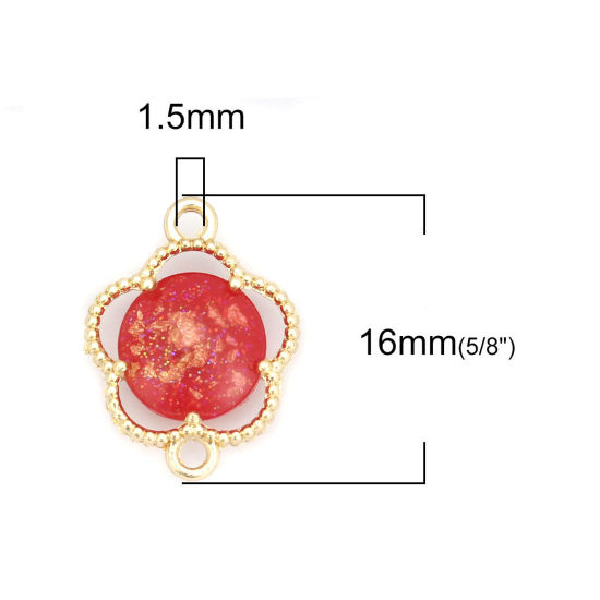 Bild von Kupfer + Glas Verbinder Pflaumenblüte Vergoldet Rot mit Rund Muster Folie, 16mm x 12mm, 5 Stück