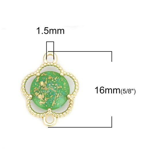Picture of Copper & Glass Connectors Plum Blossom Gold Plated Green Round Foil 16mm x 12mm, 5 PCs
