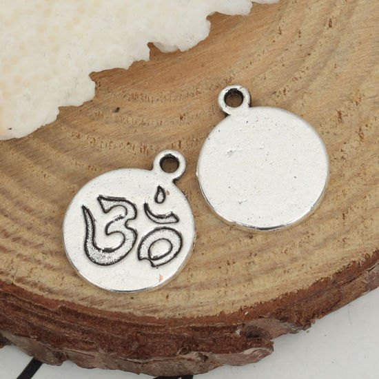 Immagine di Lega di Zinco Yoga Charms Tondo Argento Antico Simbolo di OM 16mm x 13mm , 50 Pz