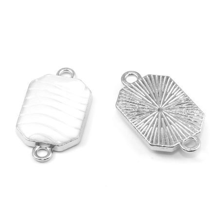 Zinc Based Alloy Connectors Octagon Silver Tone White Stripe Enamel 22mm x 12mm, 20 PCs