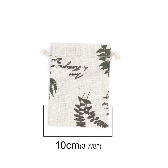 Picture of Cotton Cloth Drawstring Bags Rectangle Light Khaki Leaf (Usable Space: Approx 11x10cm) 14cm(5 4/8") x 10cm(3 7/8"), 5 PCs