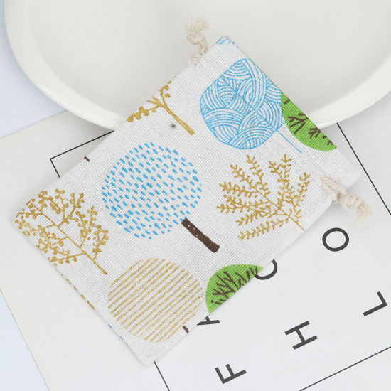 Picture of Cotton Cloth Drawstring Bags Rectangle Off-white Tree (Usable Space: Approx 11x10cm) 14cm(5 4/8") x 10cm(3 7/8"), 5 PCs