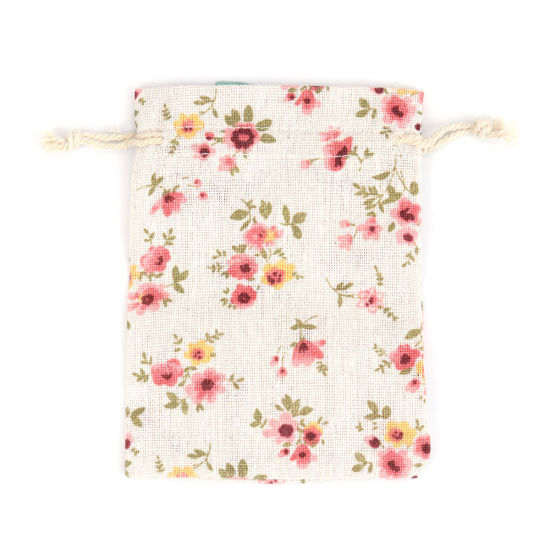 綿 布/巾着袋 長方形 ライトカーキ 花葉 （使用可能なスペース:約 11x10cm) 13.5cm x 10cm、 5 個 の画像