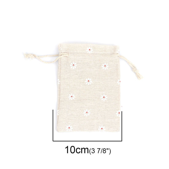 綿 布/巾着袋 長方形 ライトカーキ 花 （使用可能なスペース:約 11x10cm) 14cm x 10cm、 5 個 の画像