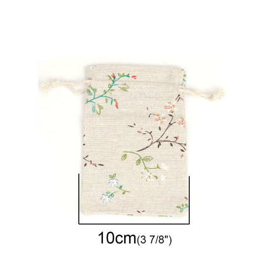 Picture of Cotton Cloth Drawstring Bags Rectangle Light Khaki Branch (Usable Space: Approx 11x10cm) 14cm(5 4/8") x 10cm(3 7/8"), 5 PCs