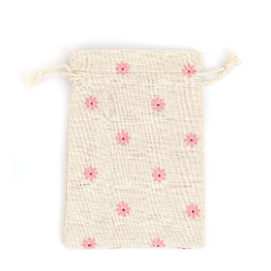 綿 布/巾着袋 長方形 ライトカーキ 花 （使用可能なスペース:約 11x10cm) 14cm x 10cm、 5 個 の画像