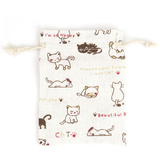Picture of Cotton Cloth Drawstring Bags Rectangle Off-white Cat (Usable Space: Approx 11x10cm) 14cm(5 4/8") x 10cm(3 7/8"), 5 PCs