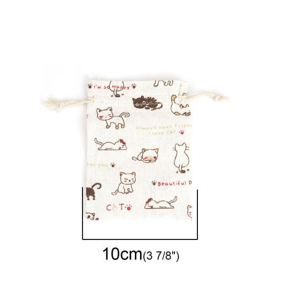 綿 布/巾着袋 長方形 オフホワイト 猫 （使用可能なスペース:約 11x10cm) 14cm x 10cm、 5 個 の画像