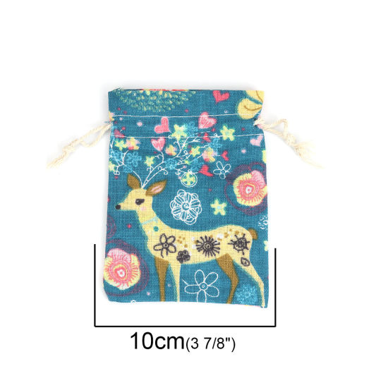 綿 布/巾着袋 長方形 青 鹿 （使用可能なスペース:約 11x10cm) 14cm x 10cm、 5 個 の画像