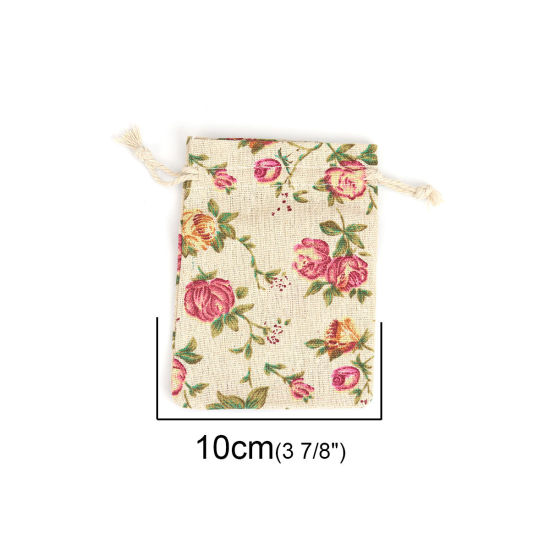 綿 布/巾着袋 長方形 カーキ色 花 （使用可能なスペース:約 11x10cm) 14cm x 10cm、 5 個 の画像