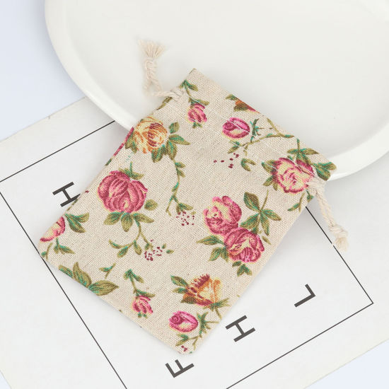 綿 布/巾着袋 長方形 カーキ色 花 （使用可能なスペース:約 11x10cm) 14cm x 10cm、 5 個 の画像