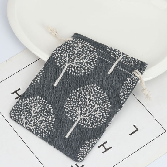 Bild von Baumwolle (Nicht 100%) Stoff Kordelzug Beutel Rechteck Grau Schwarz Bäume (Nutzraum: ca. 11x10cm) 14cm x 10cm, 5 Stück