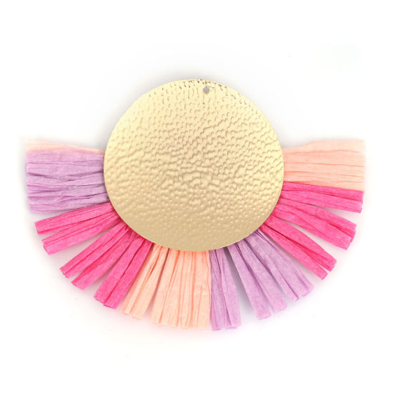 Picture of Raffia Tassel Pendants Round Gold Plated Multicolor Tassel 7.3cm x 5.7cm - 7.1cm x 5.6cm, 3 PCs