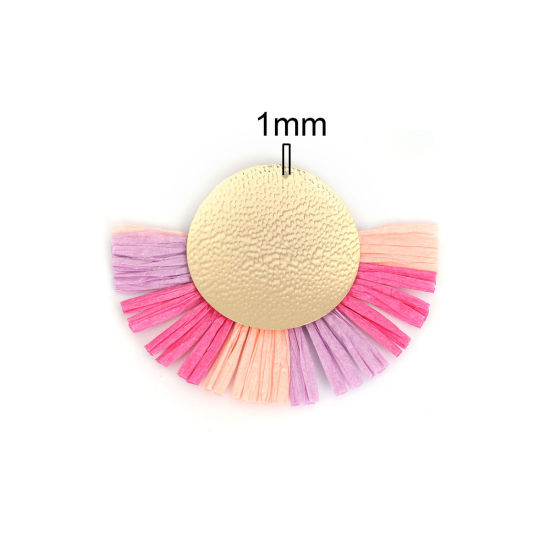 Picture of Raffia Tassel Pendants Round Gold Plated Multicolor Tassel 7.3cm x 5.7cm - 7.1cm x 5.6cm, 3 PCs