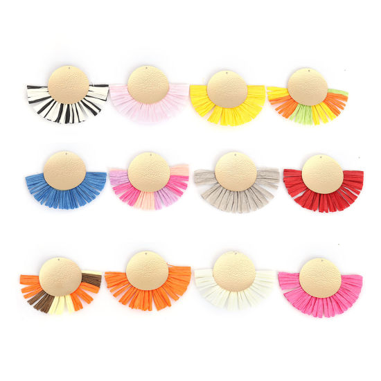 Picture of Raffia Tassel Pendants Round Gold Plated Multicolor Tassel 7.3cm x 5.7cm - 7.1cm x 5.6cm, 3 PCs