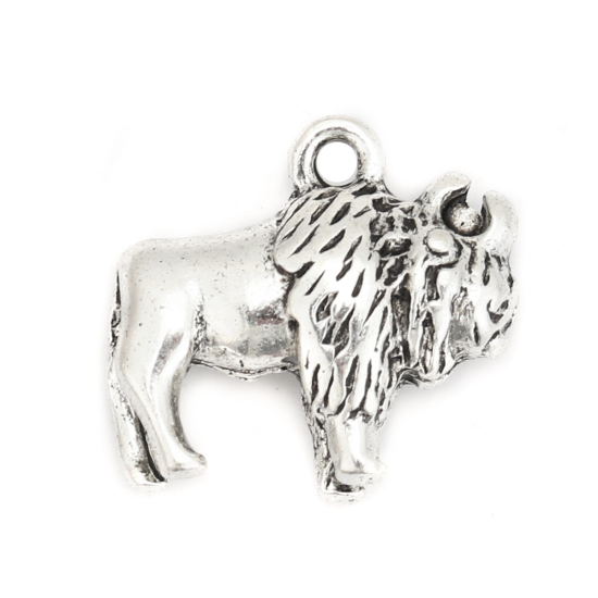 Picture of Zinc Based Alloy 3D Charms Bison Buffalo Animal Antique Silver Color 17mm x 16mm, 10 PCs
