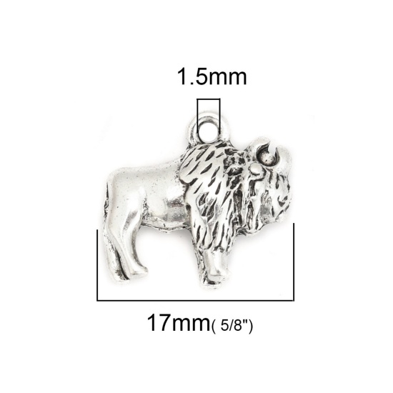 Picture of Zinc Based Alloy 3D Charms Bison Buffalo Animal Antique Silver Color 17mm x 16mm, 10 PCs