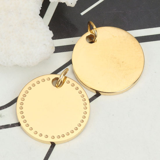 Picture of Stainless Steel Blank Stamping Tags Charms Round Gold Plated Double-sided Polishing 24mm x 20mm, 2 PCs