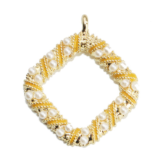 Immagine di Acrilato Charms Rombo Oro Placcato Bianco & Giallo Striscia Imitata Perla 29mm x 25mm , 5 Pz