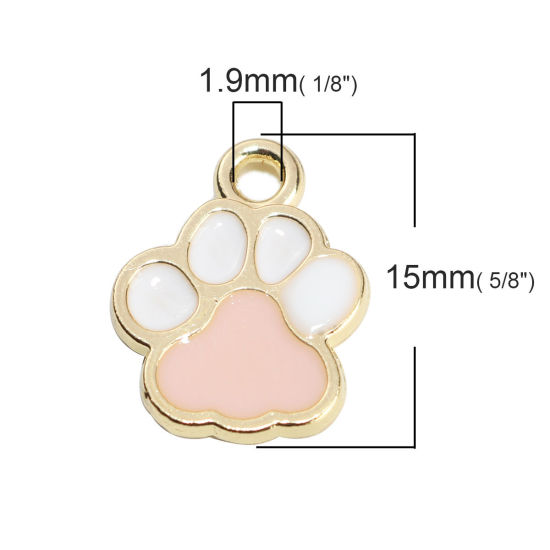 Immagine di Memoriale dell'animale Charms Zampa Oro Placcato Bianco & Rosa Smalto 15mm x 12mm , 10 Pz