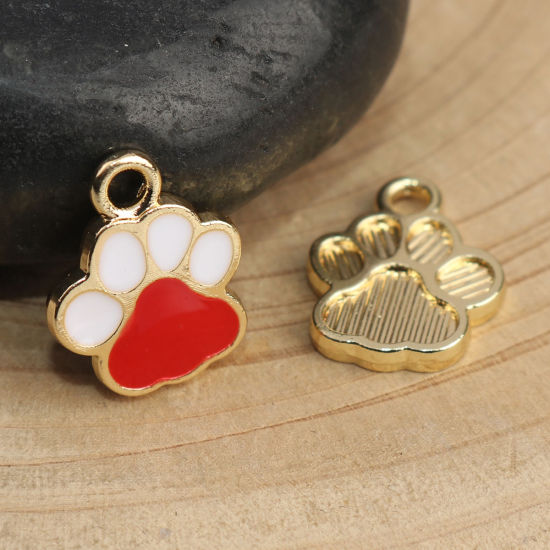 Immagine di Memoriale dell'animale Charms Zampa Oro Placcato Bianco & Rosso Smalto 15mm x 12mm , 10 Pz