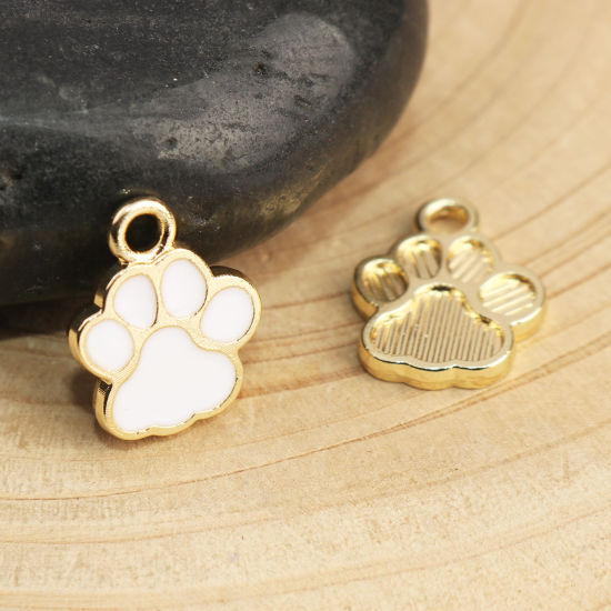 Immagine di Memoriale dell'animale Charms Zampa Oro Placcato Bianco Smalto 15mm x 12mm , 10 Pz