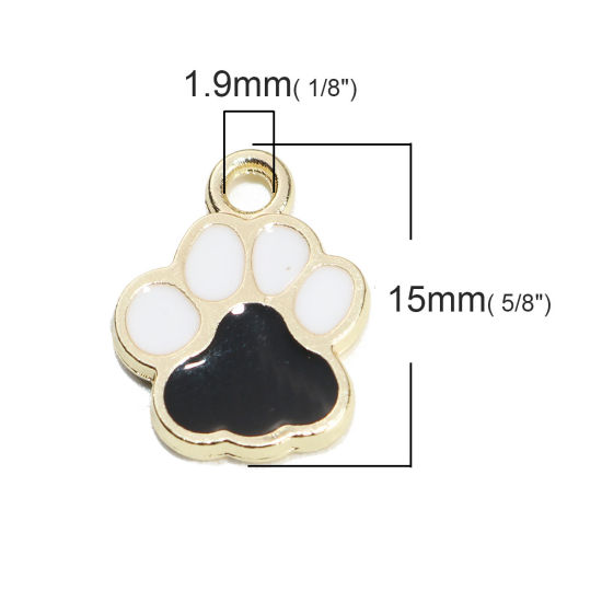 Immagine di Memoriale dell'animale Charms Zampa Oro Placcato Nero & Bianco Smalto 15mm x 12mm , 10 Pz