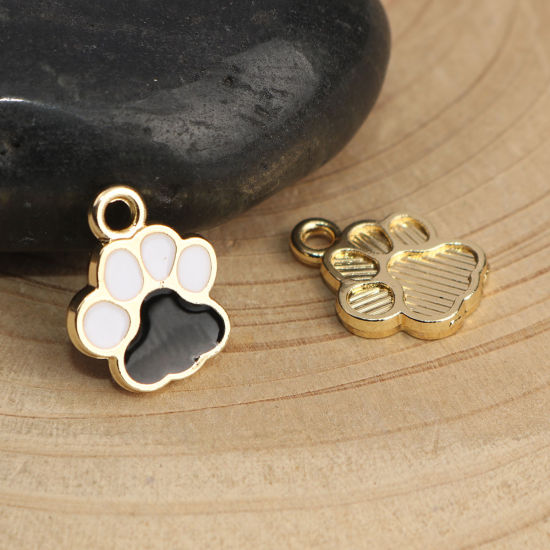 Immagine di Memoriale dell'animale Charms Zampa Oro Placcato Nero & Bianco Smalto 15mm x 12mm , 10 Pz