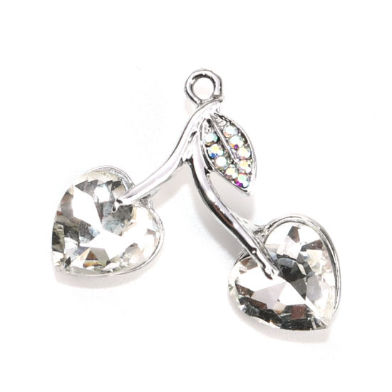 Imagen de Zamak Colgantes Charms Cereza Tono de Plata Transparente Corazón AB Color Rhinestone 25mm x 23mm - 24mm x 22mm, 5 Unidades