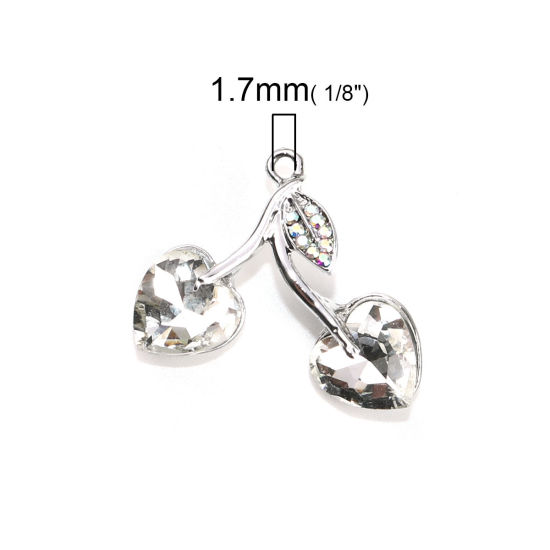 Imagen de Zamak Colgantes Charms Cereza Tono de Plata Transparente Corazón AB Color Rhinestone 25mm x 23mm - 24mm x 22mm, 5 Unidades