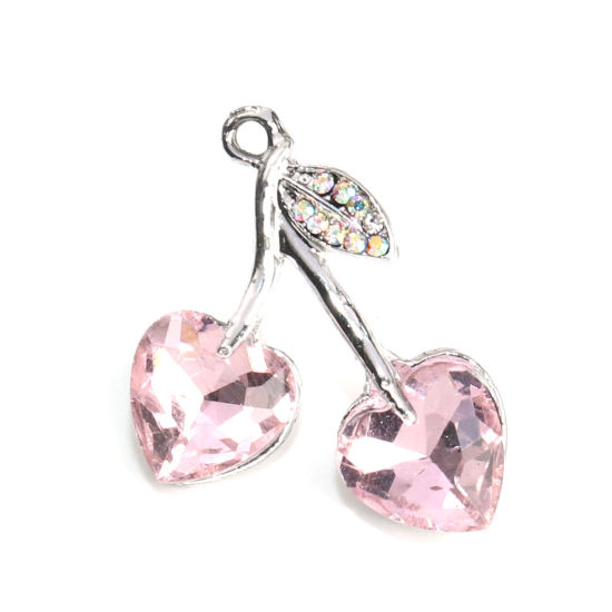 Imagen de Zamak Colgantes Charms Cereza Tono de Plata Color rosa Corazón AB Color Rhinestone 25mm x 23mm - 24mm x 22mm, 5 Unidades