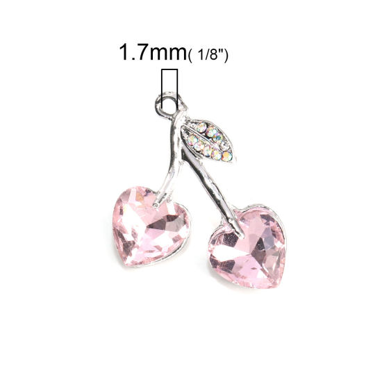 Imagen de Zamak Colgantes Charms Cereza Tono de Plata Color rosa Corazón AB Color Rhinestone 25mm x 23mm - 24mm x 22mm, 5 Unidades
