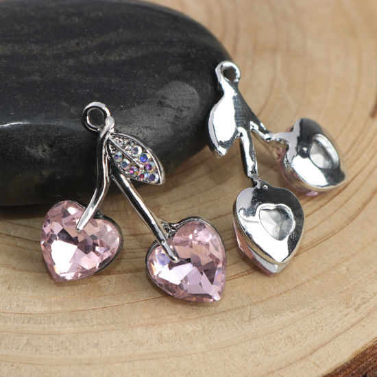 Imagen de Zamak Colgantes Charms Cereza Tono de Plata Color rosa Corazón AB Color Rhinestone 25mm x 23mm - 24mm x 22mm, 5 Unidades
