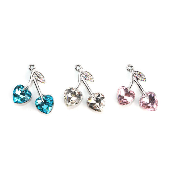 Imagen de Zamak Colgantes Charms Cereza Tono de Plata Color rosa Corazón AB Color Rhinestone 25mm x 23mm - 24mm x 22mm, 5 Unidades
