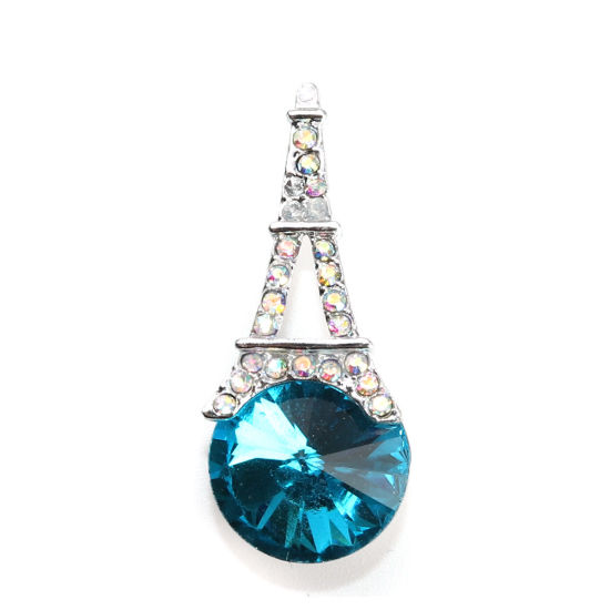 Imagen de Zamak Colgantes Torre Eiffel Tono de Plata Azul AB Color Rhinestone 3.4cm x 1.4cm, 5 Unidades