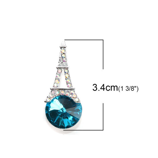 Imagen de Zamak Colgantes Torre Eiffel Tono de Plata Azul AB Color Rhinestone 3.4cm x 1.4cm, 5 Unidades