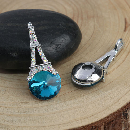 Imagen de Zamak Colgantes Torre Eiffel Tono de Plata Azul AB Color Rhinestone 3.4cm x 1.4cm, 5 Unidades