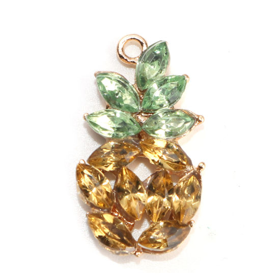 Imagen de Zamak Colgantes Charms Piña Chapado en Oro Verde & Amarillo Rhinestone 24mm x 13mm, 10 Unidades