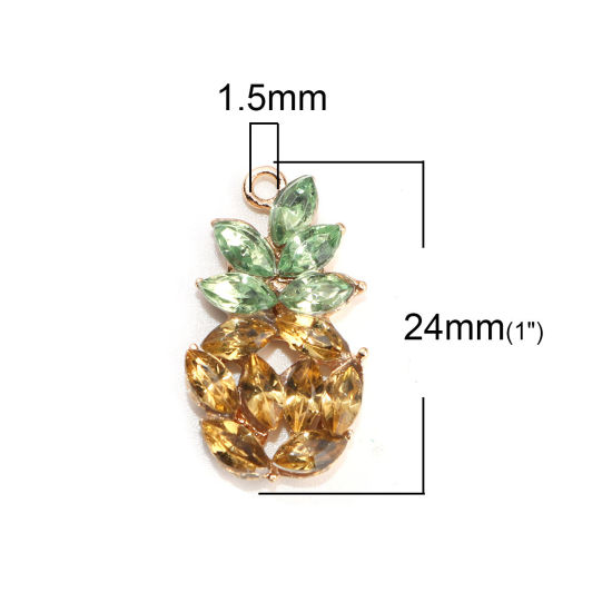Imagen de Zamak Colgantes Charms Piña Chapado en Oro Verde & Amarillo Rhinestone 24mm x 13mm, 10 Unidades