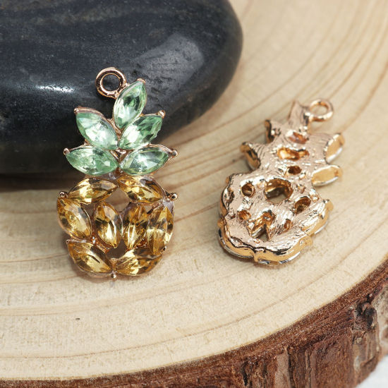 Imagen de Zamak Colgantes Charms Piña Chapado en Oro Verde & Amarillo Rhinestone 24mm x 13mm, 10 Unidades