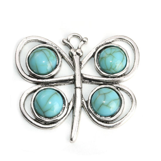 Picture of Zinc Based Alloy & Acrylic Pendants Butterfly Animal Antique Silver Color Green Blue Imitation Turquoise 5.3cm x 4.7cm, 2 PCs