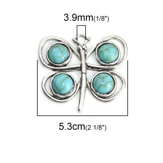 Picture of Zinc Based Alloy & Acrylic Pendants Butterfly Animal Antique Silver Color Green Blue Imitation Turquoise 5.3cm x 4.7cm, 2 PCs