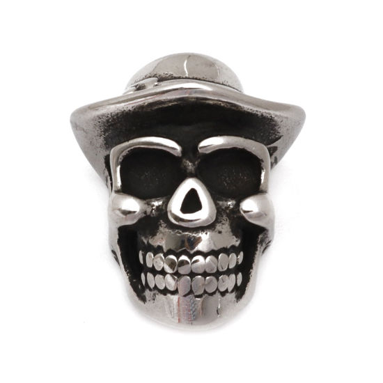 Picture of 304 Stainless Steel Casting Beads Skull Antique Silver Color Hat 24mm x 19mm, Hole: Approx 6mm, 1 Piece