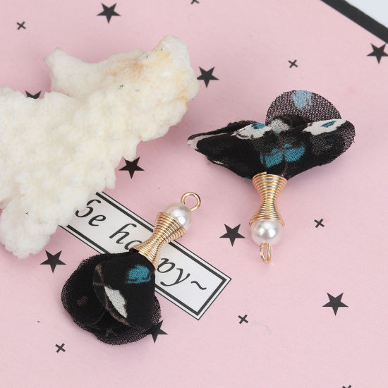 Image de Pendentifs Franges en Alliage de Zinc & Tissu Fleur Doré Noir Perle Imitation Acrylique 35mm x 33mm - 32mm x 31mm, 20 Pcs