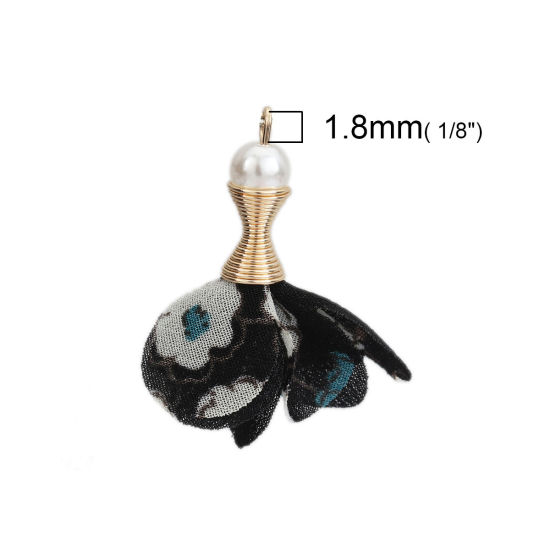 Image de Pendentifs Franges en Alliage de Zinc & Tissu Fleur Doré Noir Perle Imitation Acrylique 35mm x 33mm - 32mm x 31mm, 20 Pcs