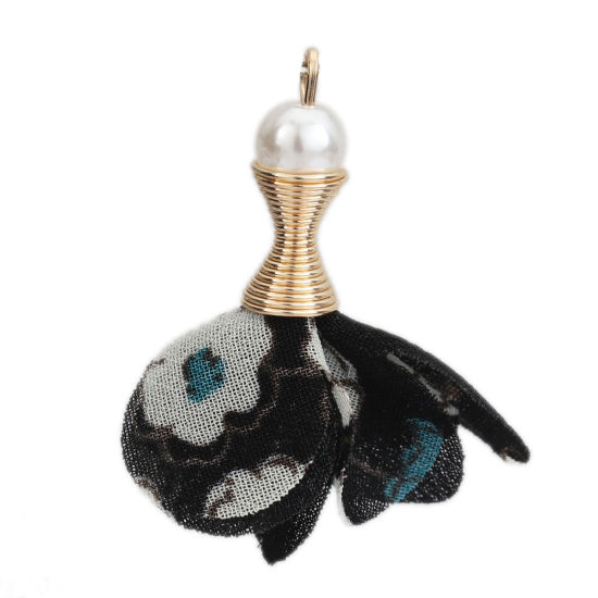 Image de Pendentifs Franges en Alliage de Zinc & Tissu Fleur Doré Noir Perle Imitation Acrylique 35mm x 33mm - 32mm x 31mm, 20 Pcs
